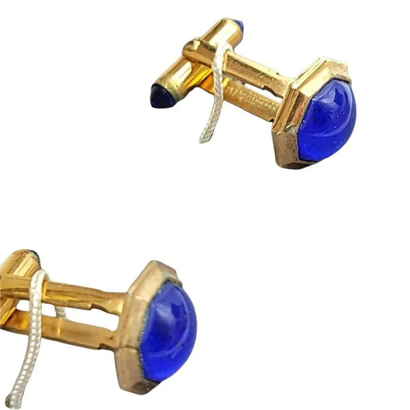 Correct Quality Gold Tone Blue Glass Cabochon Cufflinks Clip Box Vintage - Picture 4 of 6